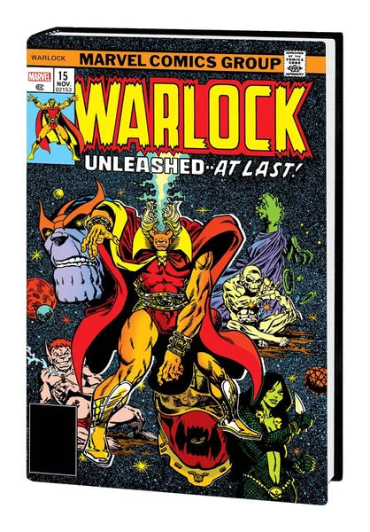 Marvel Comics Group Warlock omnibus book cover shown as a hardcover book with a black spine, featuring Warlock in a red cape and gold armor against a space-themed background with multiple illustrated characters.