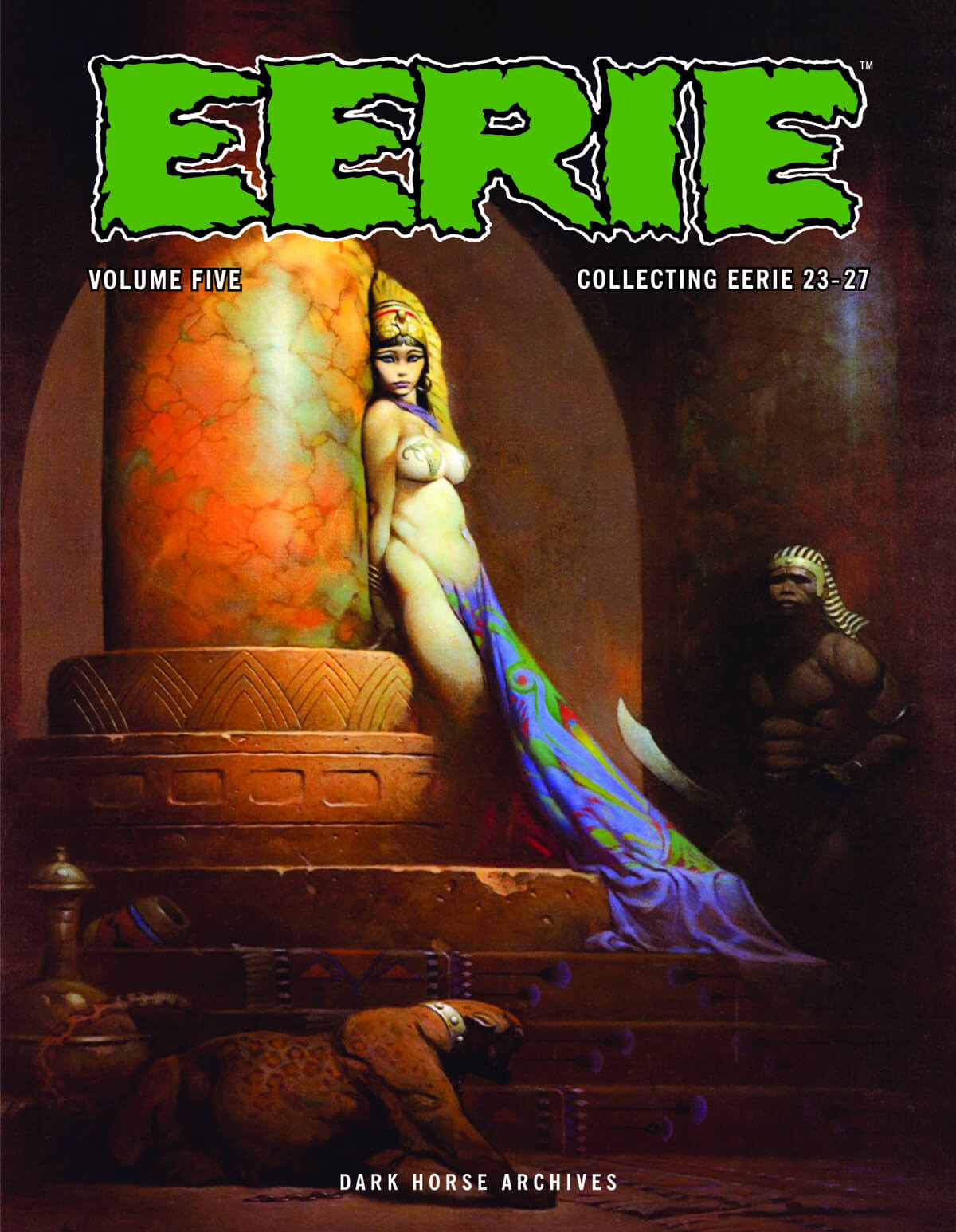 Cover of 'Eerie Archives Volume 5' featuring a colorful illustration of a female figure in an elaborate costume with a fantastical backdrop, indicative of the horror genre.
