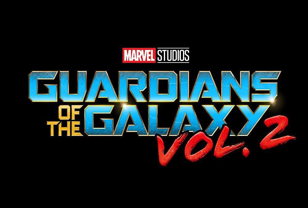 Marvel Studios Guardians of the Galaxy Vol. 2 movie poster logo on a black background, with the Marvel Studios logo above large metallic blue and gold title text and red 'Vol.
