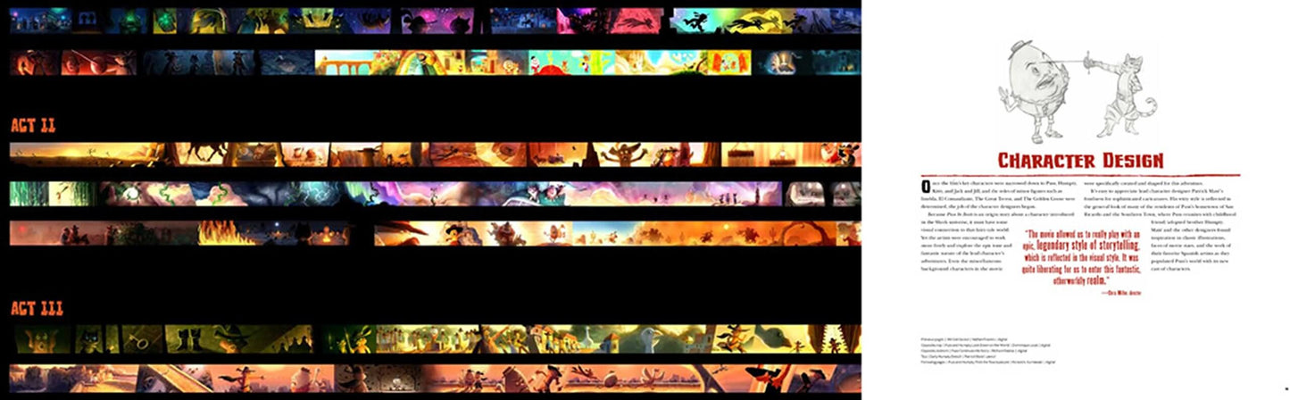 Illustrated book or comic layout with character design and scene transitions.