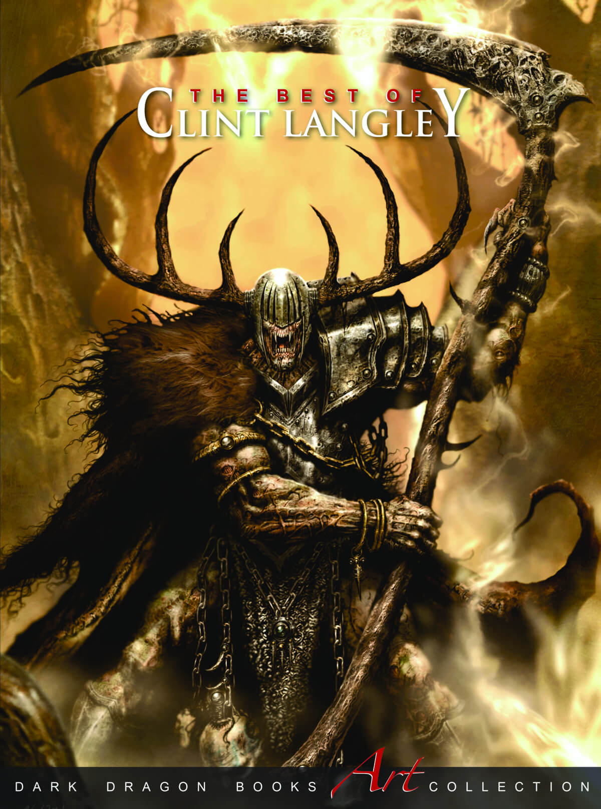 Cover art for 'The Best of Clint Langley Art Book HC' featuring an illustrated character with a fantasy-style helmet and wielding a staff.