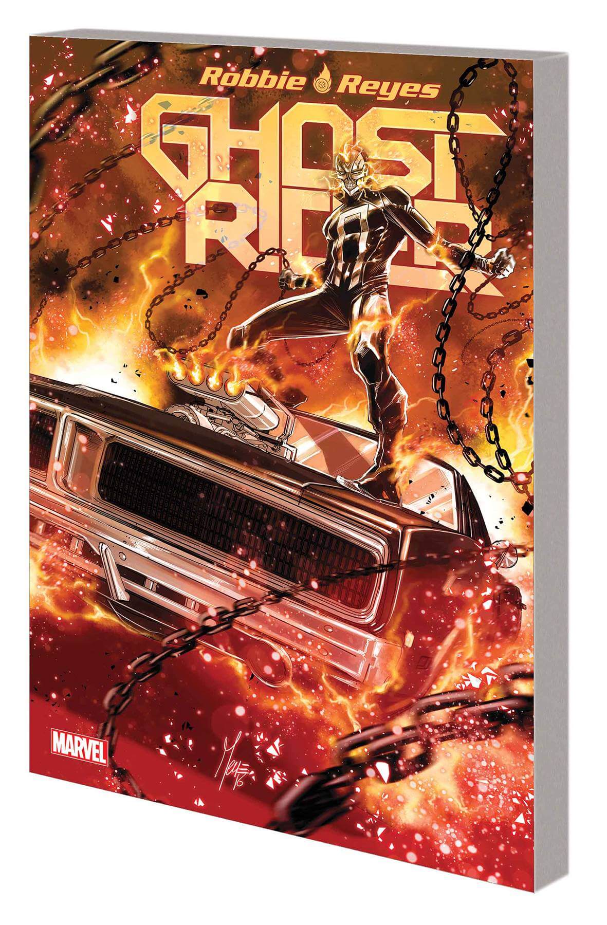Cover of 'Ghost Rider TP Vol 01 Four On The Floor' featuring the character Ghost Rider in a dynamic pose with a fiery background, indicating a superhero comic book.