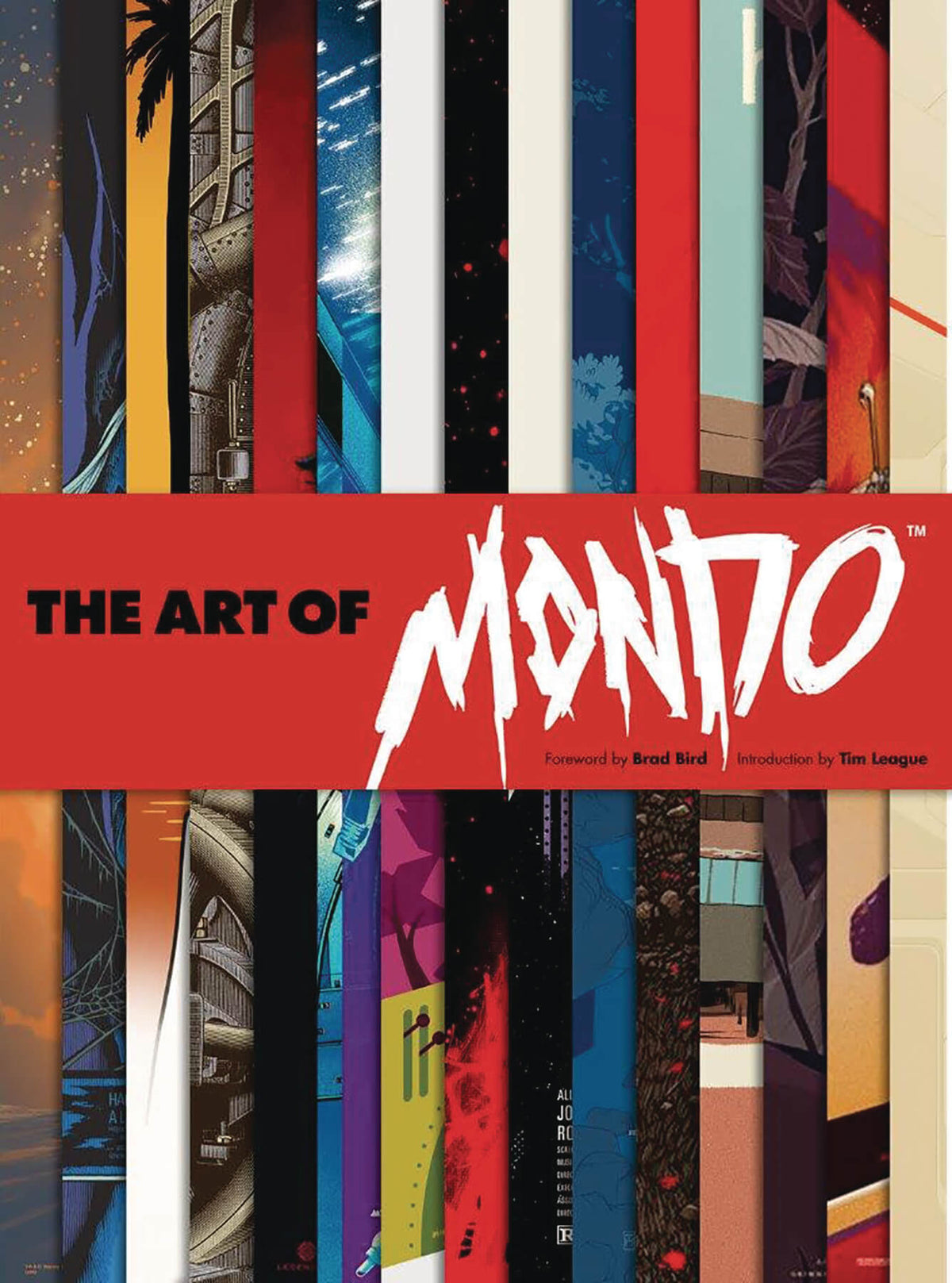 Front cover of 'The Art of Mondo' featuring a collage of colorful vertical comic-style panels with a bold red horizontal band across the middle and large white 'MONDO' lettering.