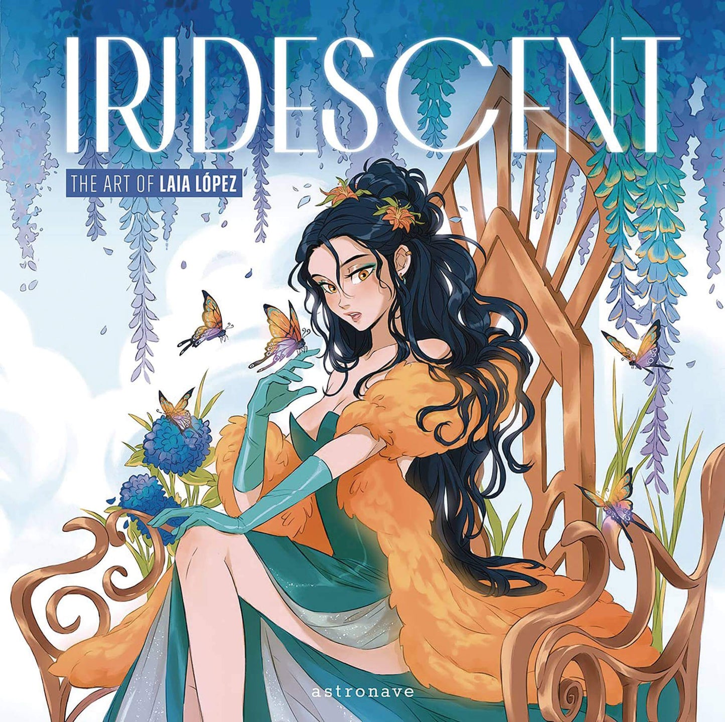 Cover of the artbook 'IRIDESCENT ART OF LAIA LOPEZ' featuring an illustration of a woman with flowing green hair, sitting in a chair surrounded by butterflies and greenery.