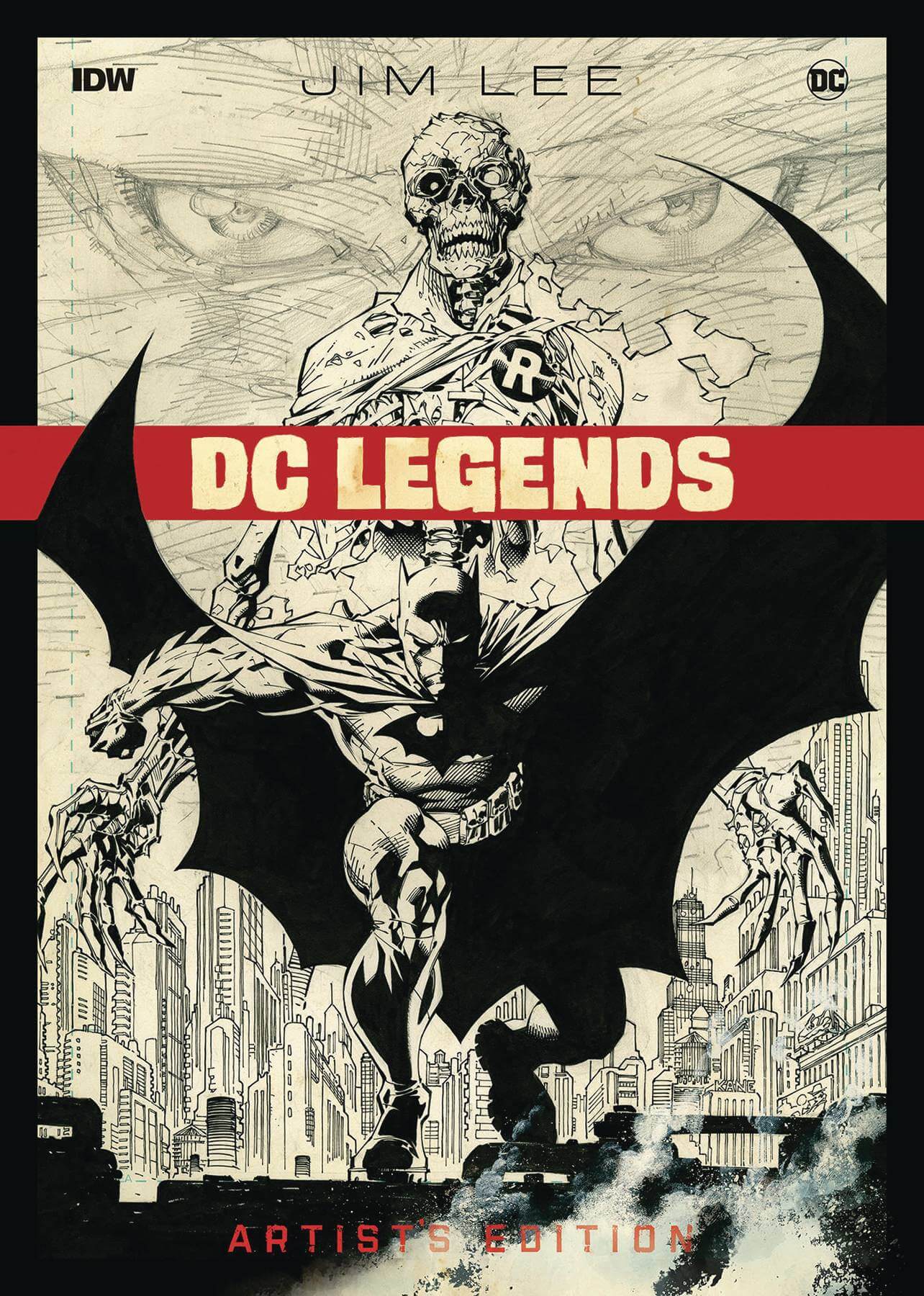 Cover of the book 'Jim Lee: DC Legends Artists Edition' featuring a black and white illustration of Batman and other characters from DC Comics.