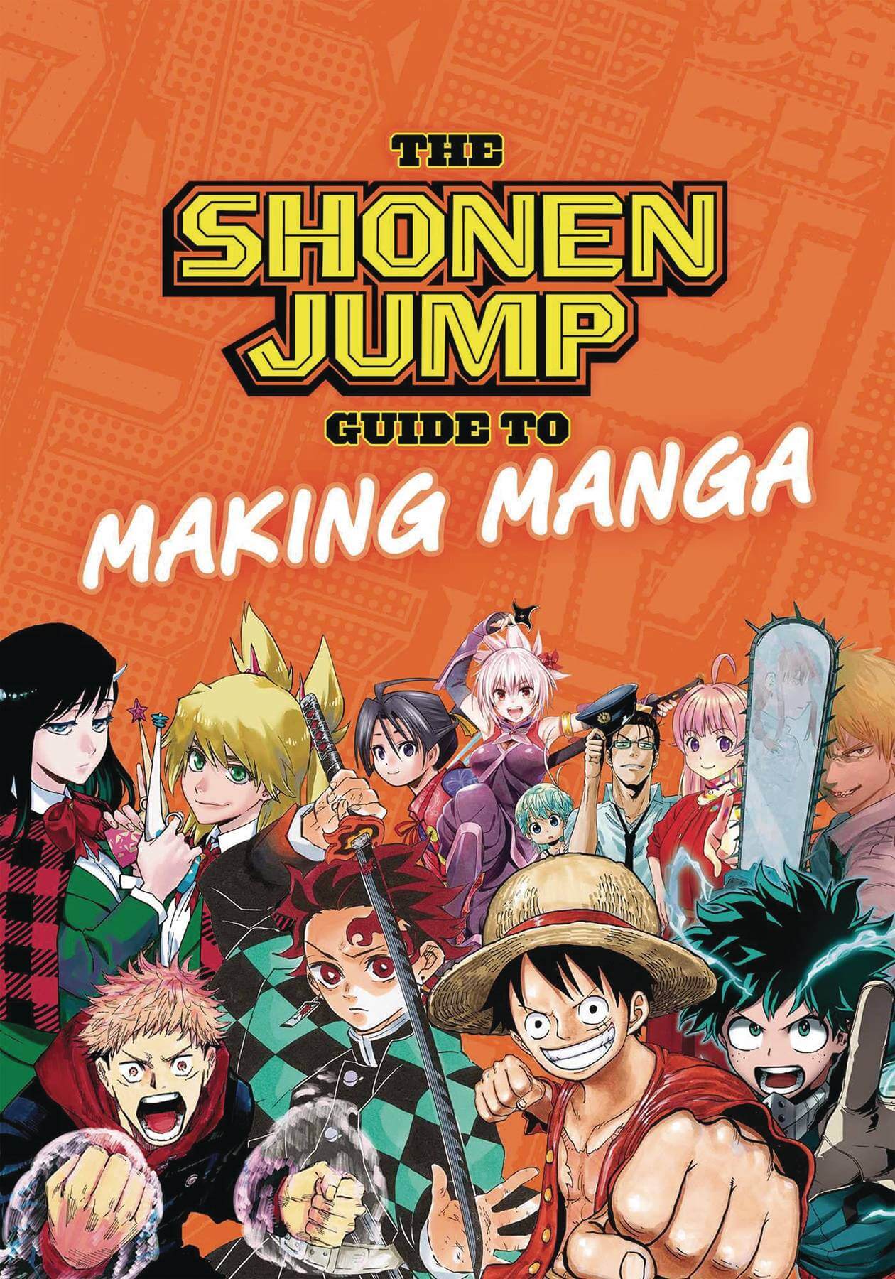Book cover of 'The Shonen Jump Guide to Making Manga' with various manga characters on an orange background.