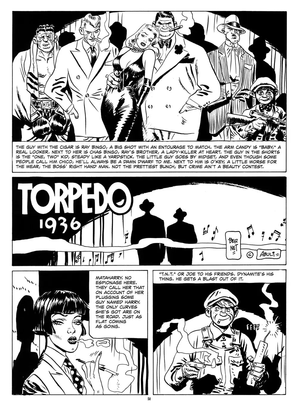 A black and white comic book page featuring multiple illustrated panels with a dramatic crowd scene, a large 'TORPEDO 1936' title, and printed text boxes. No real person or environment is present; this is a printed artwork/page being shown, so Product/Packaging fits better than Lifestyle or Scenery.