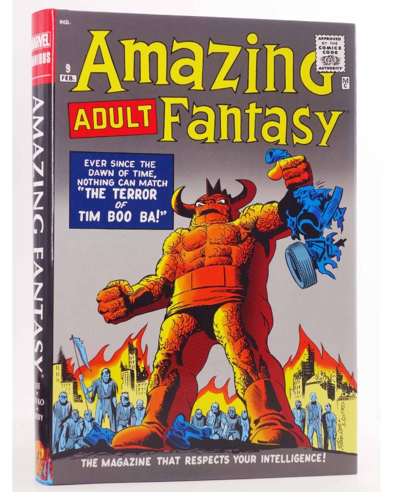Vintage Marvel magazine titled 'Amazing Fantasy' shown upright, with the front cover featuring retro comic-style artwork of a large orange monster holding a blue globe against a gray background, and the spine visible on the left.