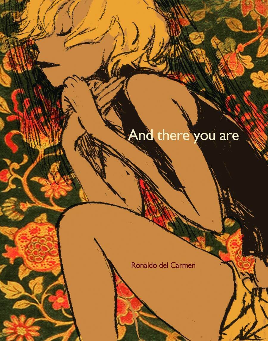 Cover of 'And There You Are' book showing a black and white illustration of a character with a thoughtful expression, sitting with a book in her hand, against an ornate background.