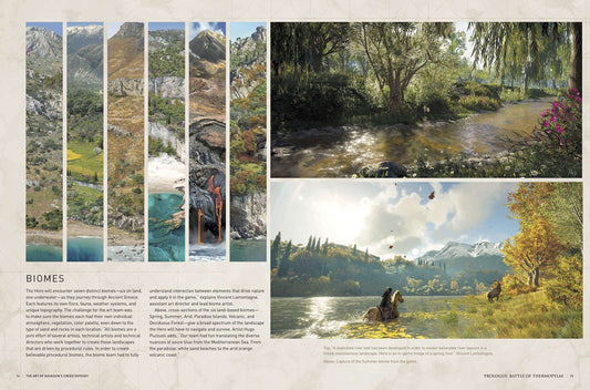 A printed page or book spread featuring multiple landscape paintings and scenic panels, including mountains, forests, lakes, and a stream, with small text blocks and a beige paper background.