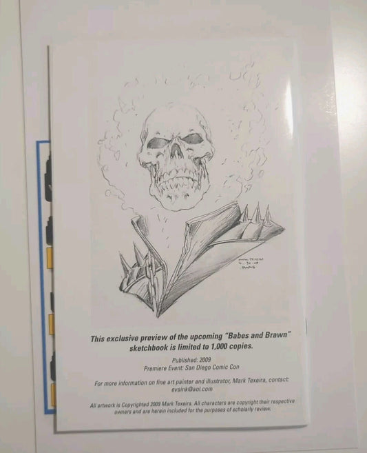 A printed preview sheet for a sketchbook featuring a black-and-white illustrated skull with a folded jacket and several lines of release text below, photographed against a light background.
