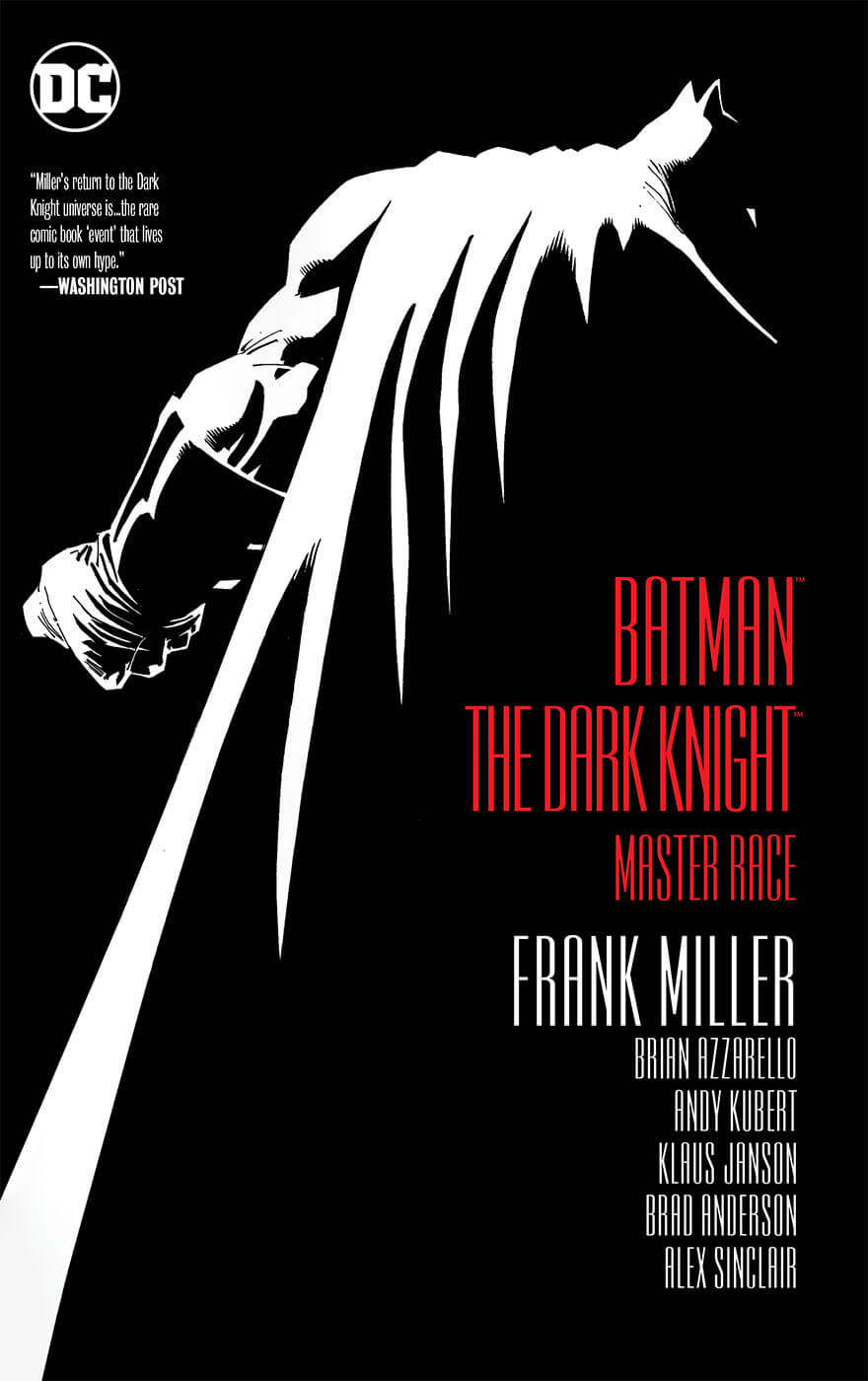 Batman: The Dark Knight Returns book cover with silhouette and red text on black background