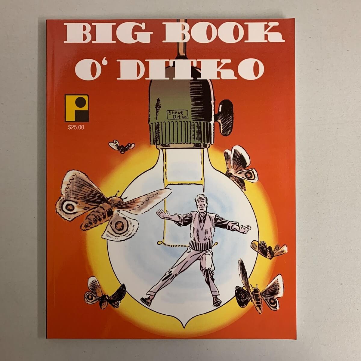 Vintage children's book titled 'BIG BOOK O' DITKO' with a bright orange cover, featuring an illustration of a man suspended inside a giant light bulb surrounded by moths and a yellow Pampushka logo.