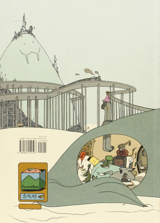 Illustrated book cover or comic-style print showing a surreal landscape with a large dome-shaped mountain, curved architectural structures, a small figure in pink, and a circular inset scene with people around a table. A barcode and a small 'Pinecone' price label appear near the lower left on a cream background.