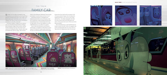 A two-page spread from a magazine or brochure featuring the Tokyo Yamanote Line family car, with printed text, small character close-ups, and a large photograph of the train at the station platform. The train exterior is decorated with large cartoon character faces.