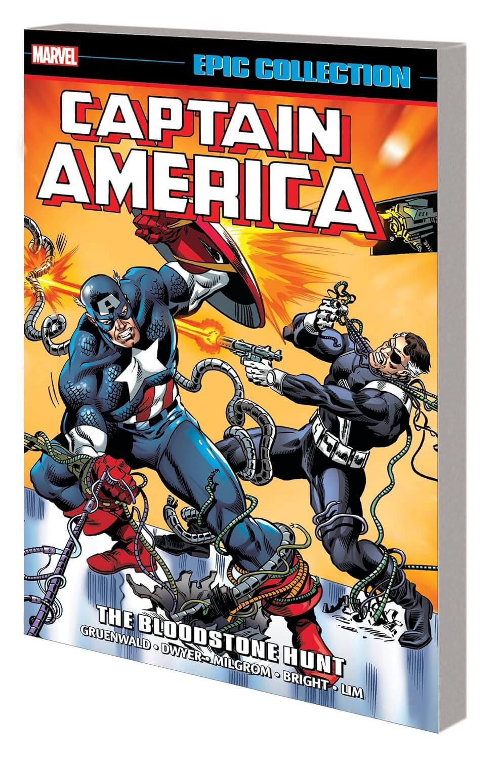 Marvel's Captain America: The Bloodstone Hunt Epic Collection hardcover comic book, featuring a vibrant comic cover with Captain America and Black Widow in action against a fiery orange and yellow background.