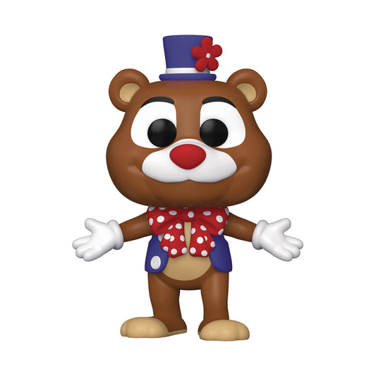 Funko Pop! vinyl figure of a stylized brown bear character wearing a blue top hat with a red flower, a red polka-dot bow tie, and blue shorts, standing against a plain white background.