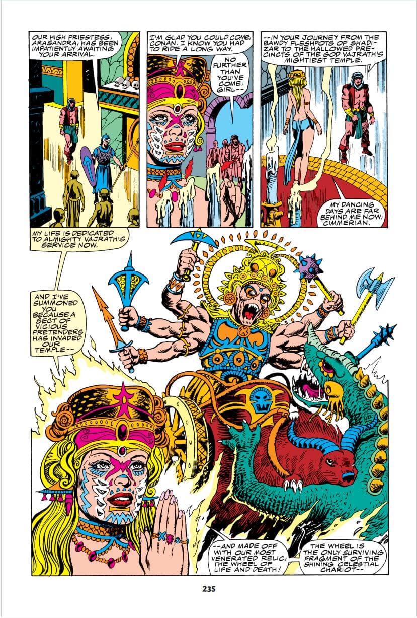 Comic book page with colorful illustrations of a warrior and a dragon-like creature, featuring text bubbles and detailed artwork.