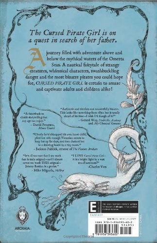Back cover of the book 'The Cursed Pirate Girl' by Sarah Vowell, published by Archipelago Books. The cover features a light blue background with a white mermaid illustration, black decorative border elements, and text including product reviews and a barcode.