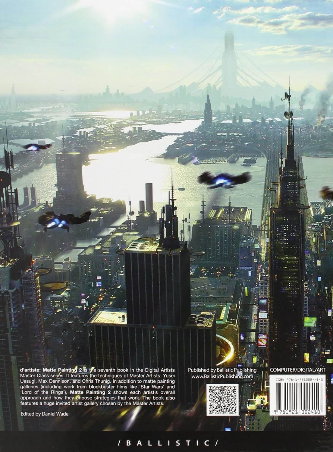 Back cover of the book /Ballistic/ featuring a futuristic cityscape with flying vehicles over a river and bridge, plus publisher and barcode text at the bottom.