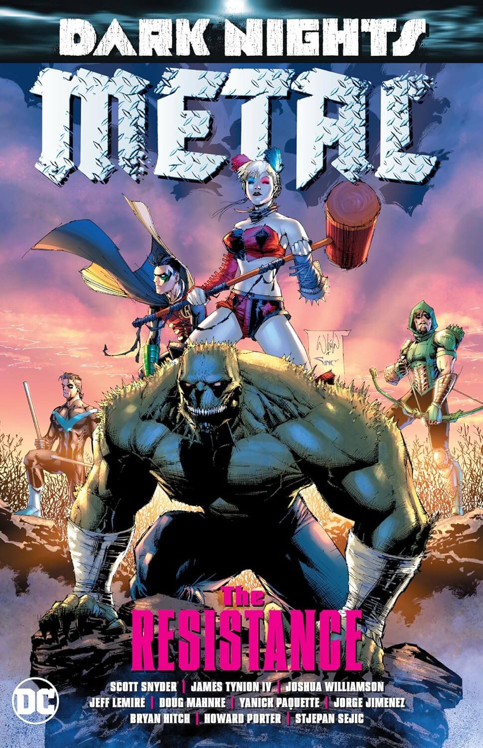 Comic book cover for 'Dark Nights: Metal - The Resistance' featuring Harley Quinn, a large green creature, and other DC Comics characters against a dramatic sunset sky.