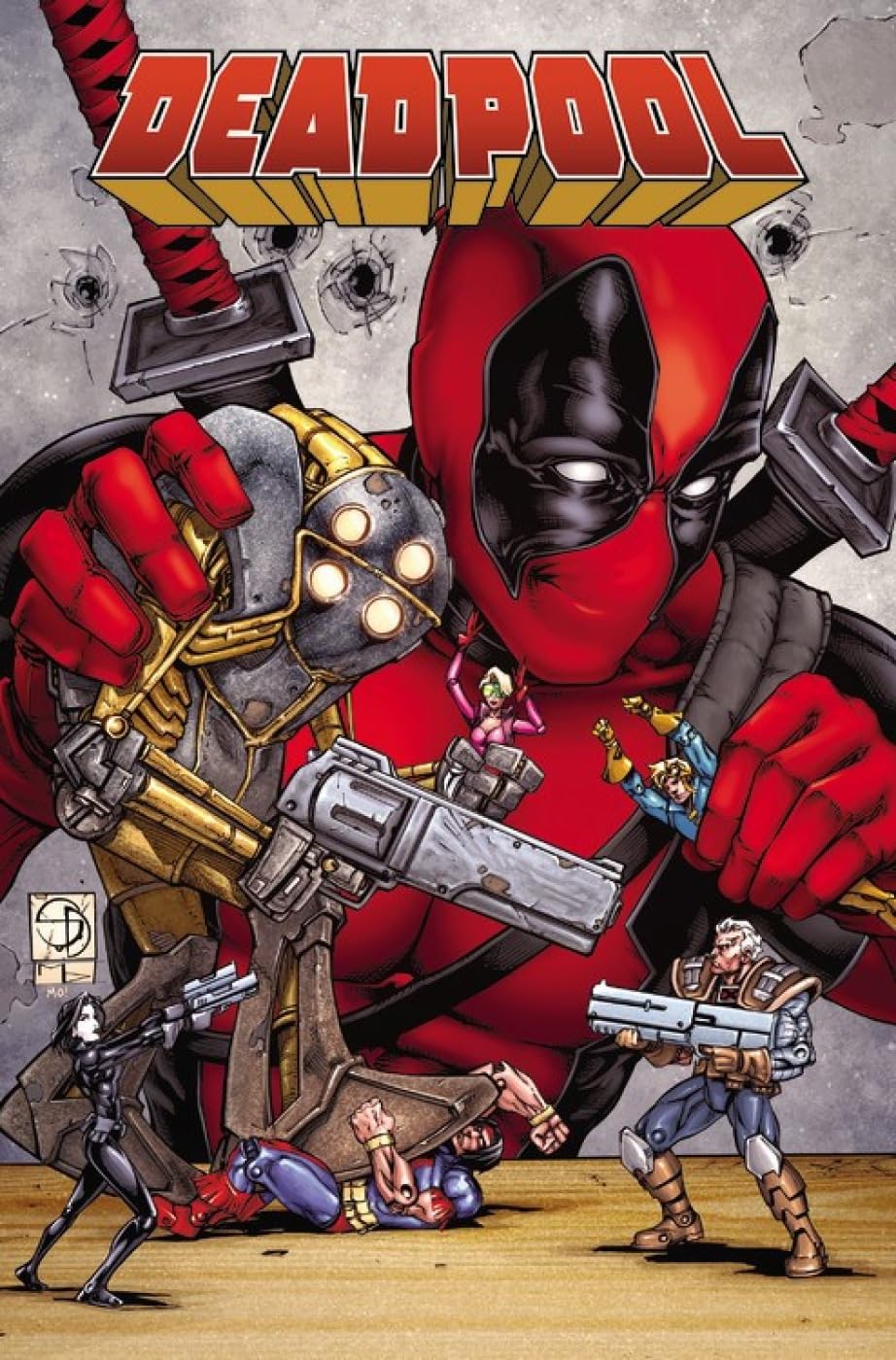 Comic book cover featuring Deadpool in action with a gray background