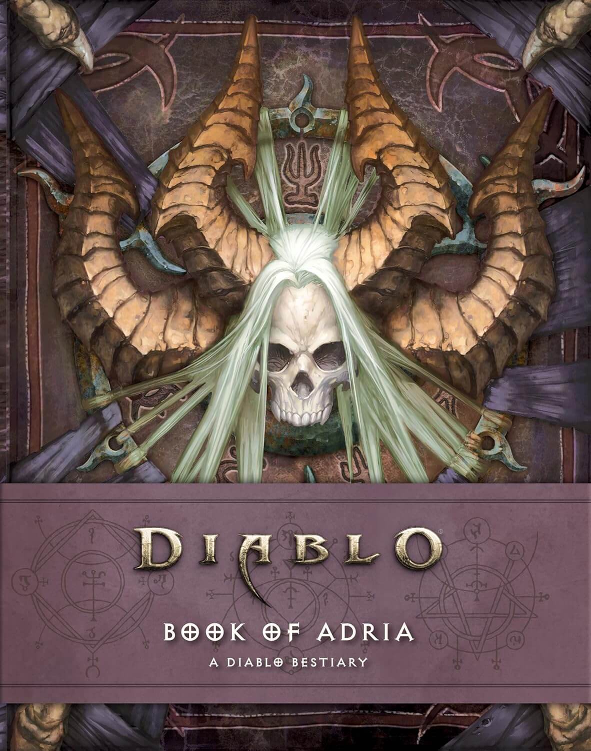 Cover of 'Diablo: Book of Adria' with a skull and horns design.