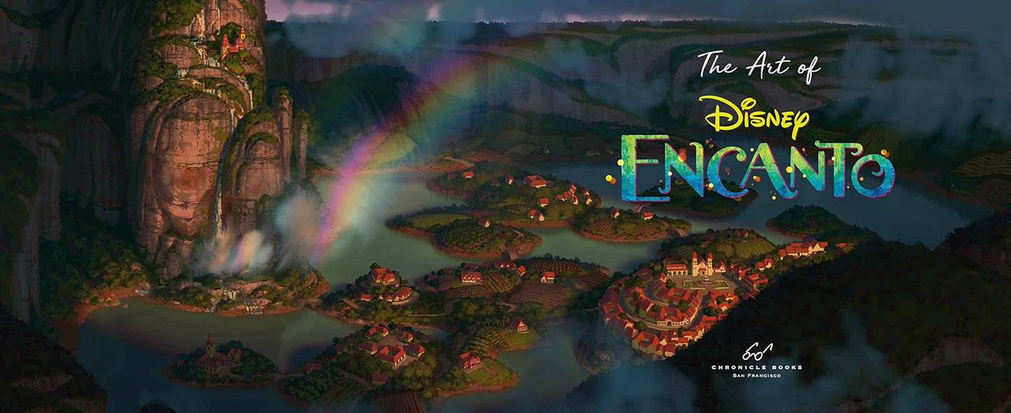 Art print featuring the illustrated landscape of Encanto from Disney's The Little Mermaid, with a rainbow arching over the village and the title 'The Art of Disney Encanto' on the right.