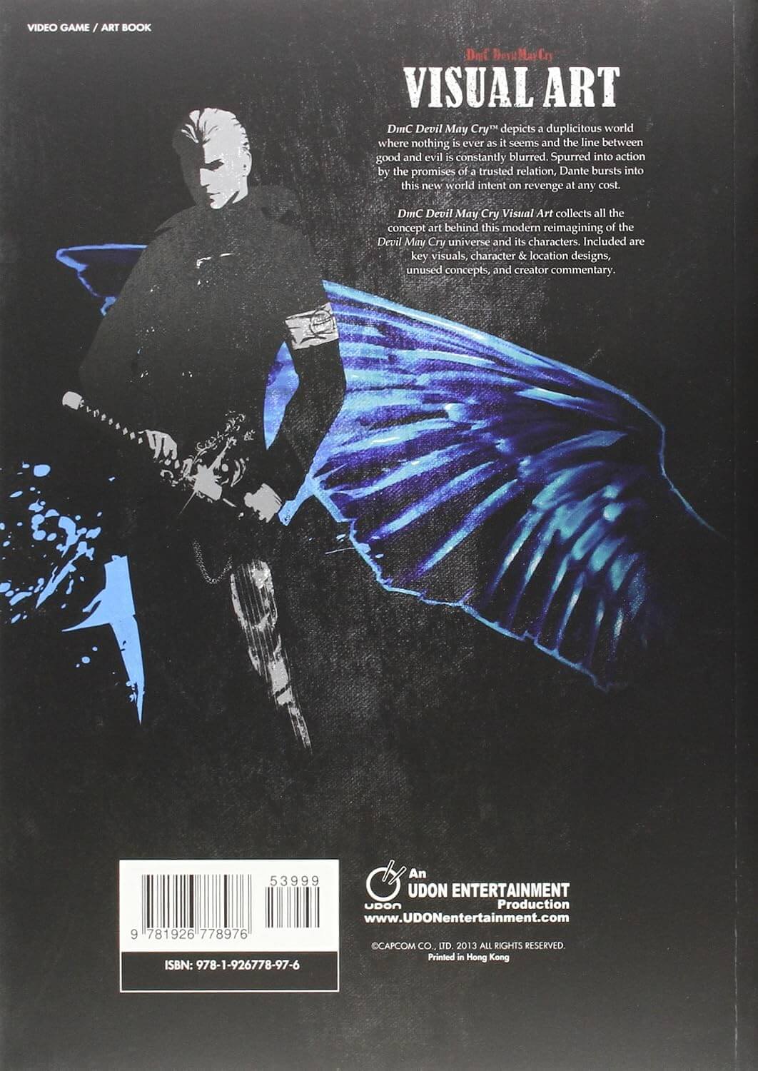 Back cover of a book or game package featuring a dark illustration of a character with a large blue wing-like shape behind them, plus white text including 'VISUAL ART' and publisher credits on a black background.