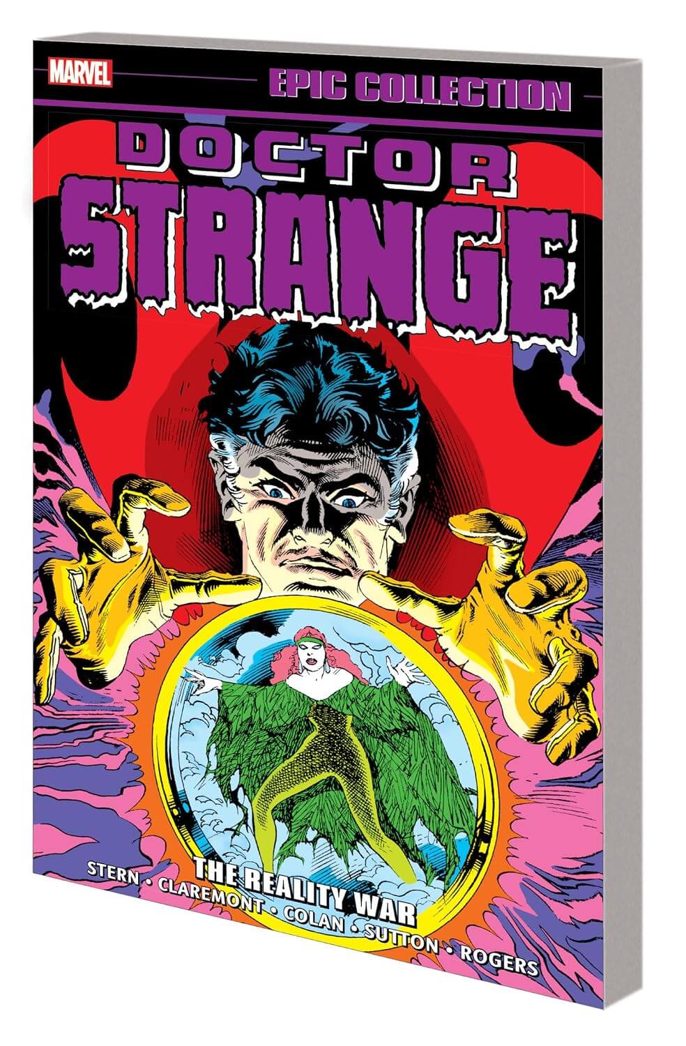 Marvel's Doctor Strange Epic Collection graphic novel, featuring a vibrant comic book cover with Doctor Strange's face, purple title text, and a circular portal illustration.