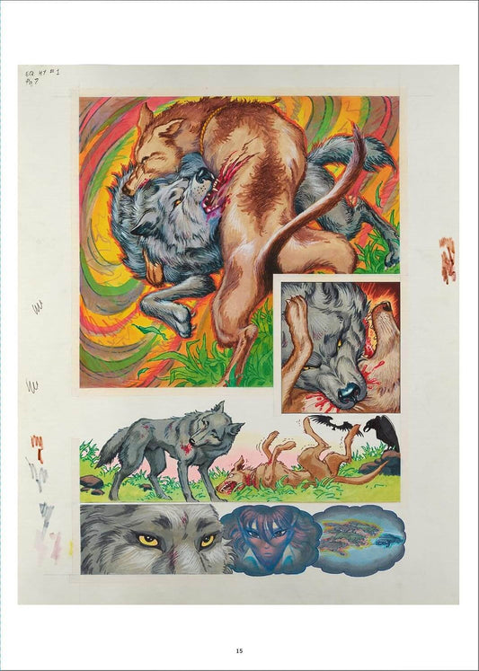 A sheet of artwork featuring multiple wolf-themed illustrations and painted scenes, including a large central wolf-and-dog battle composition, smaller inset wolf portraits, and a bottom row of wolf and cat imagery on a cream paper background.