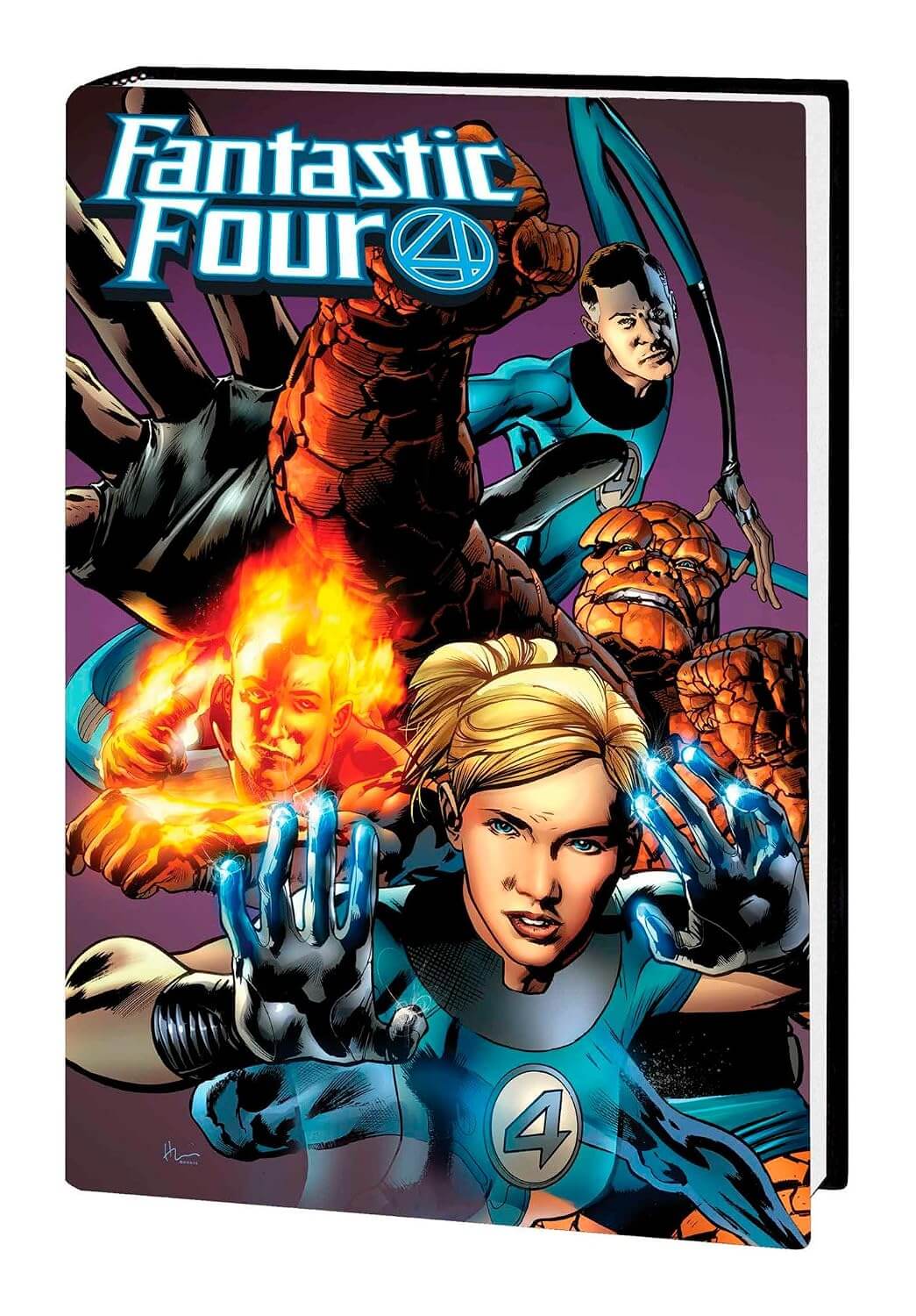 Comic book cover featuring the Fantastic Four with a purple background