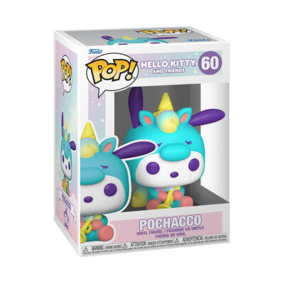 Funko Pop! vinyl figure packaging of Pochacco with unicorn design, featuring the Funko logo and 'Hello Kitty and Friends' branding.