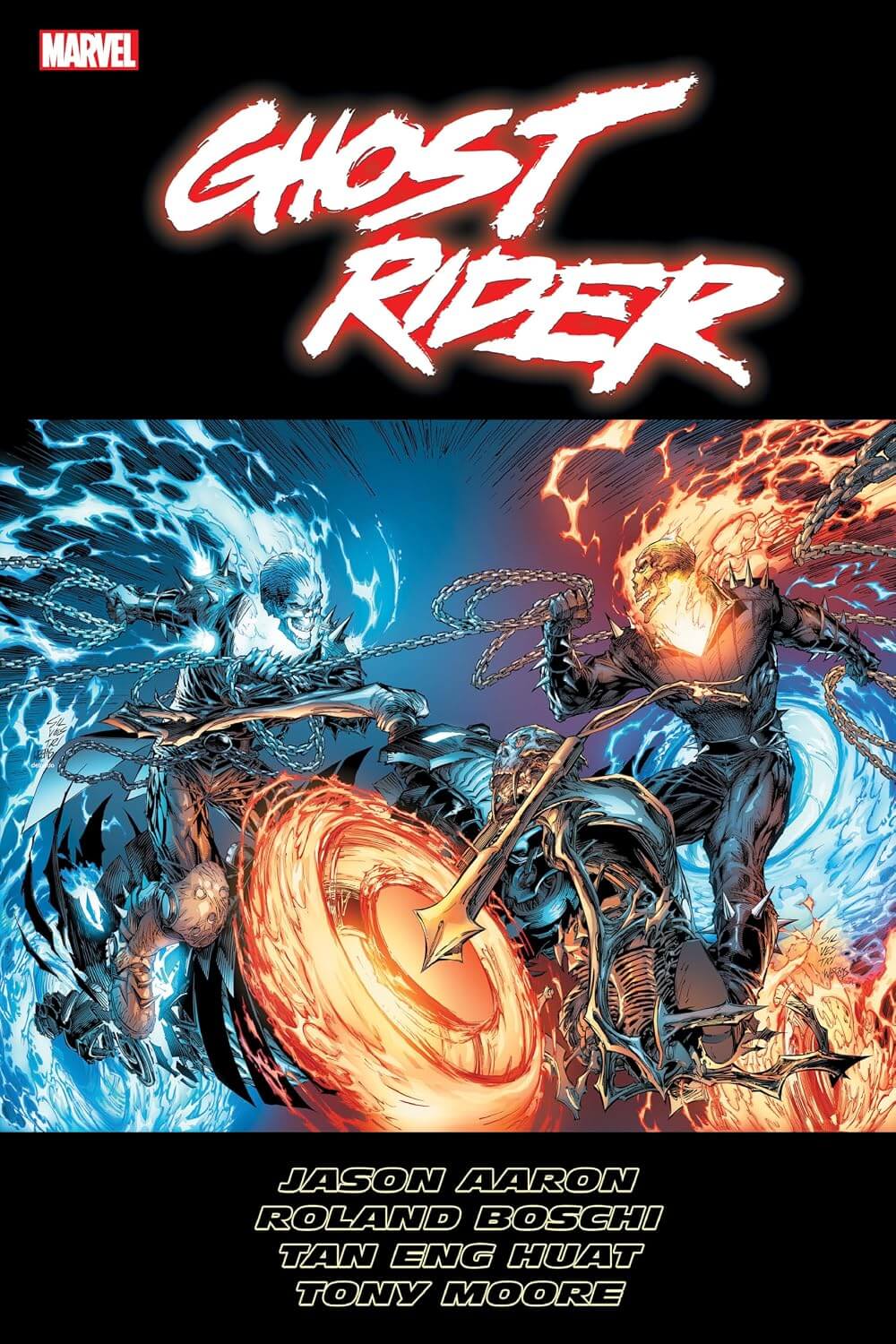 Comic book cover of Ghost Rider with fiery and icy elements.