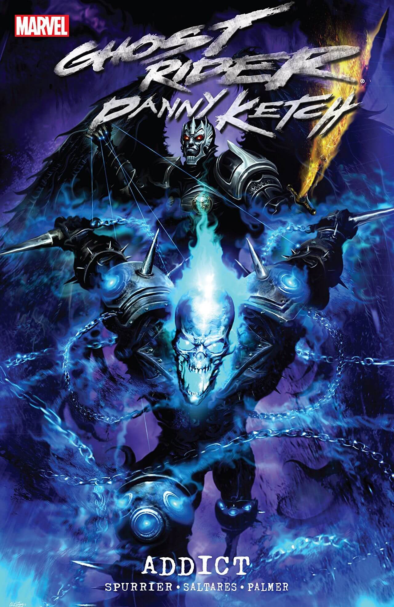 Marvel Ghost Rider: Danny Ketch 'Addict' comic book cover art featuring Ghost Rider with a glowing blue skull and chains against a dark purple and black background.
