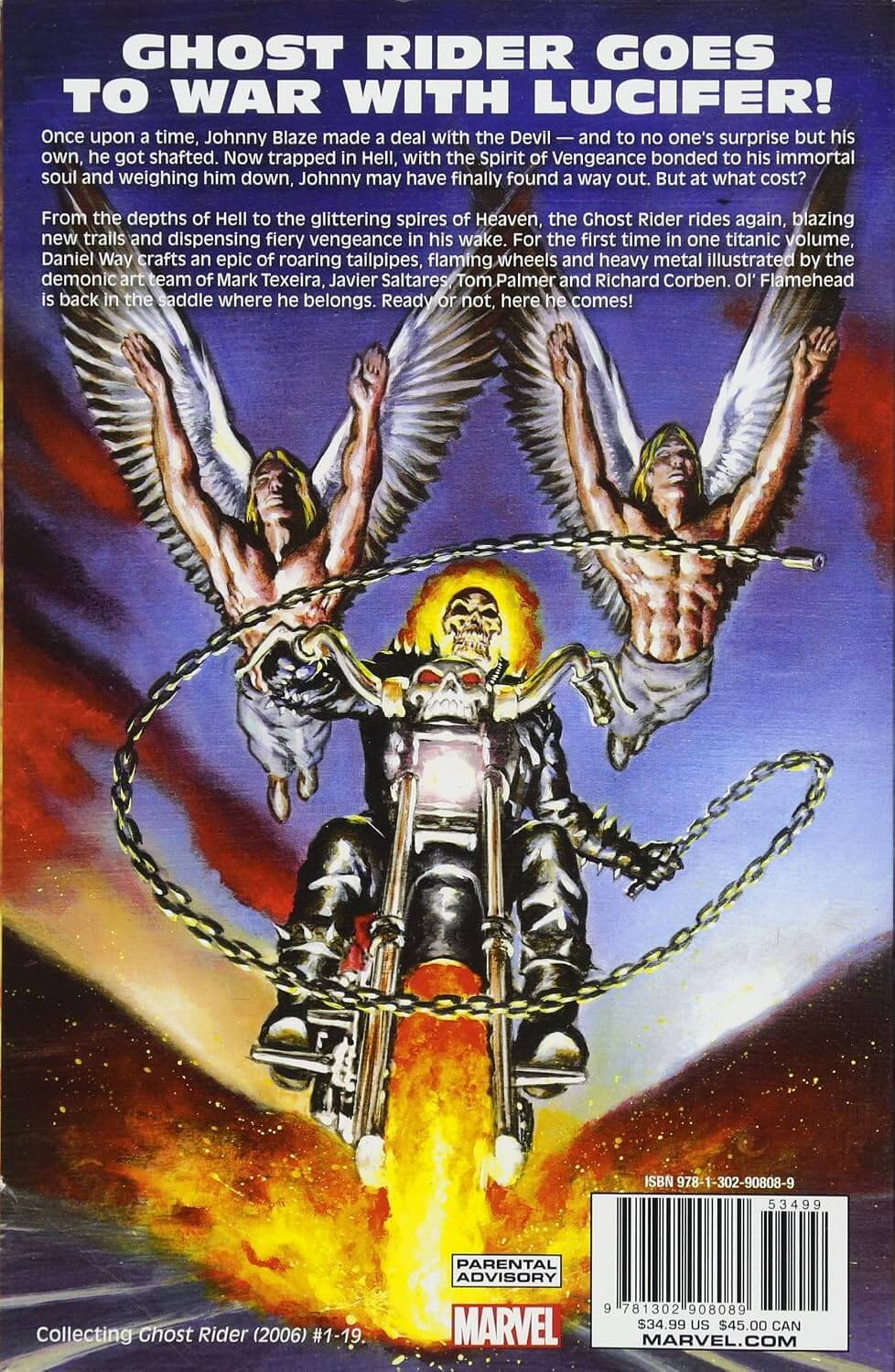 Comic book cover featuring Ghost Rider on a motorcycle with angelic figures and text about him going to war with Lucifer.