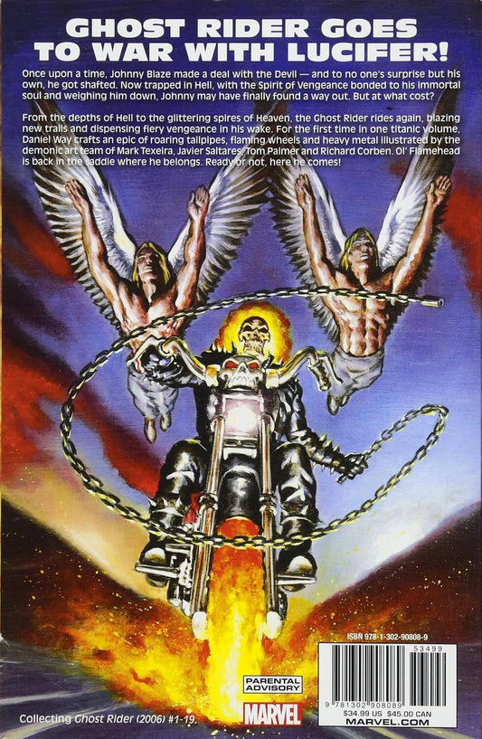 Comic book cover featuring Ghost Rider on a motorcycle with angelic figures and text about him going to war with Lucifer.