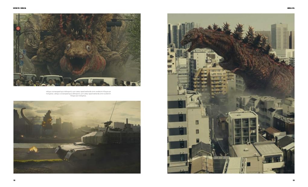 A two-page spread from a book or magazine featuring Godzilla and other kaiju monsters in urban battle scenes. The left page has two smaller panels with action and a brief caption block.
