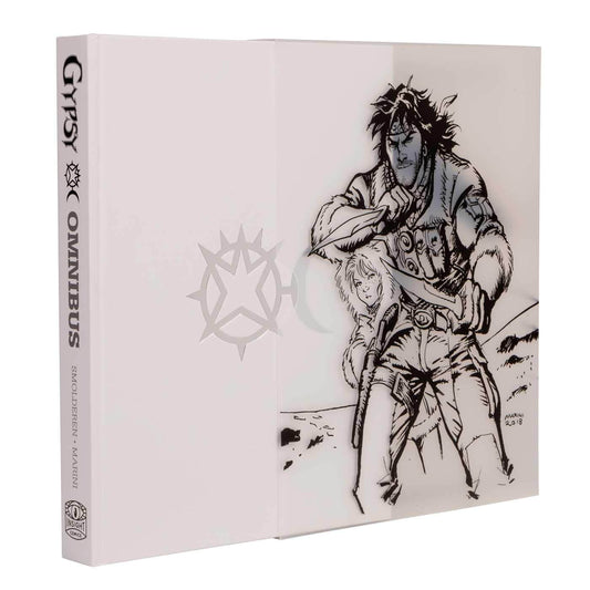 Gypsy Omnibus hardcover book featuring a black ink illustration of a warrior and a woman on the cover, with the spine visible on the left.