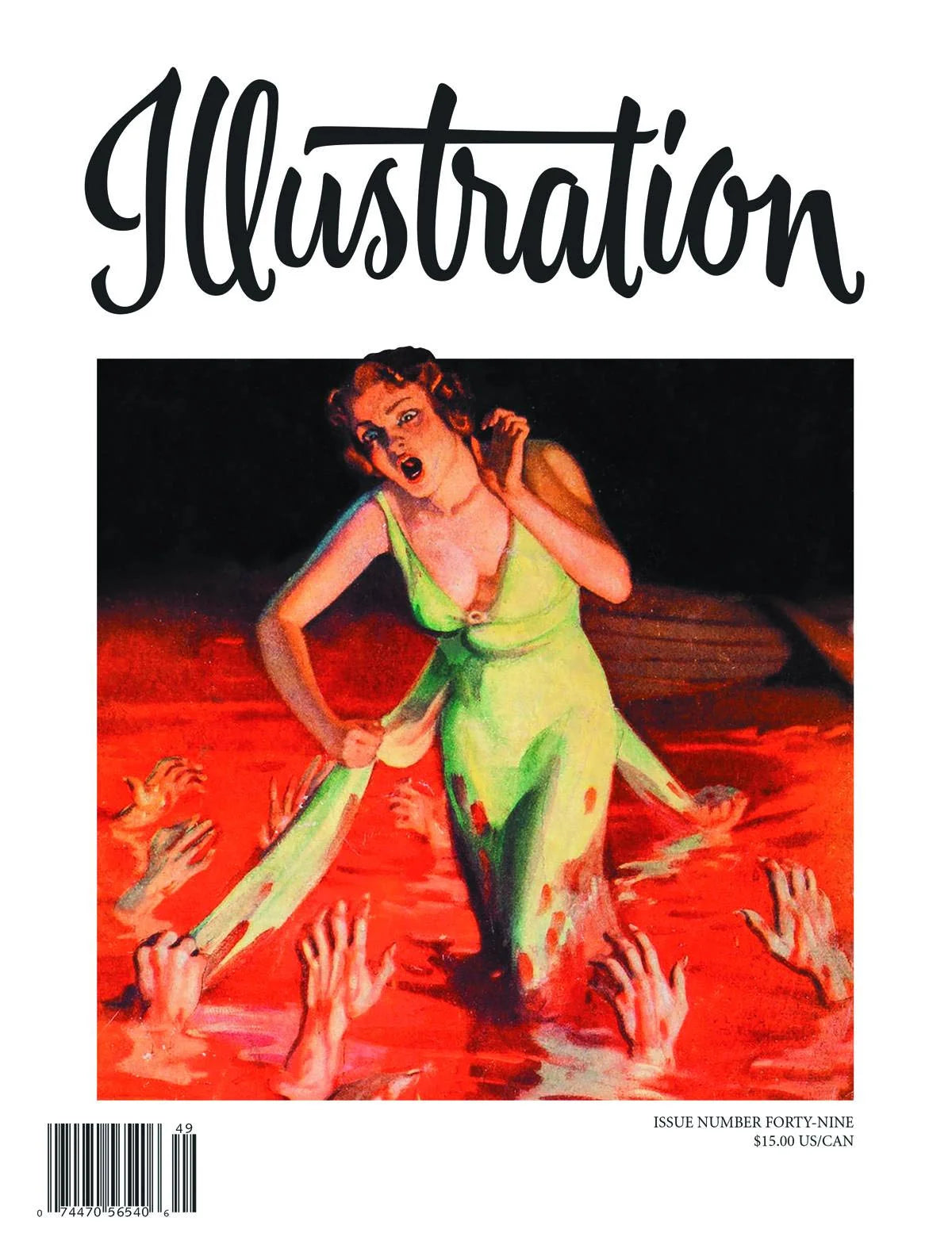 Cover of 'Illustration' magazine 49, featuring a stylized, vintage-style illustration of a woman with hands extended, set against a dark, textured background.