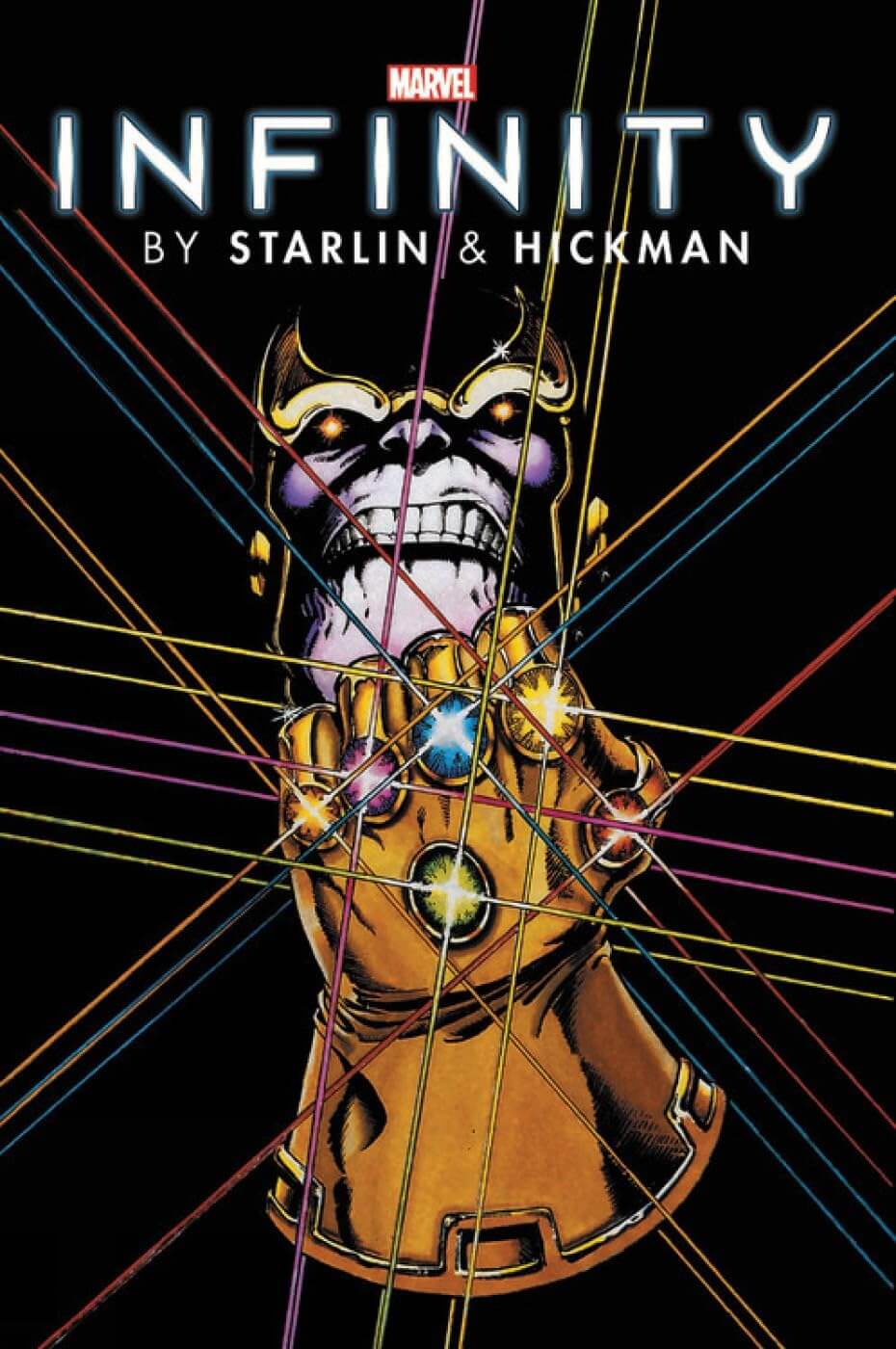 Omnibus front cover infinity by starlin and hickman featuring thanos with the infinity gauntlet