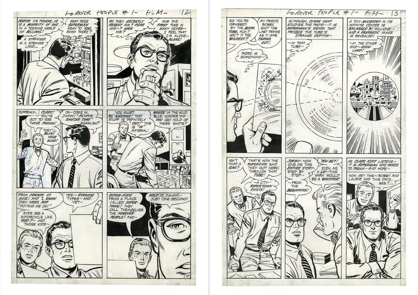 Two original comic book pages from 'The Loud House' film, featuring black ink panel drawings on off-white paper with handwritten title notes at the top.