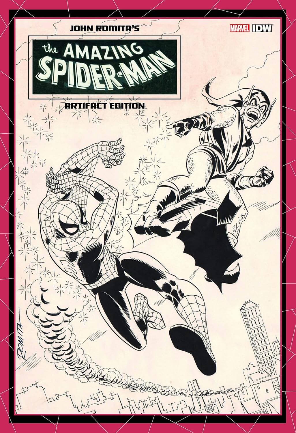 Front cover of John Romita's The Amazing Spider-Man Artifact Edition, an oversized IDW hardcover, featuring a detailed black and white comic art panel with spiderman and green goblin.