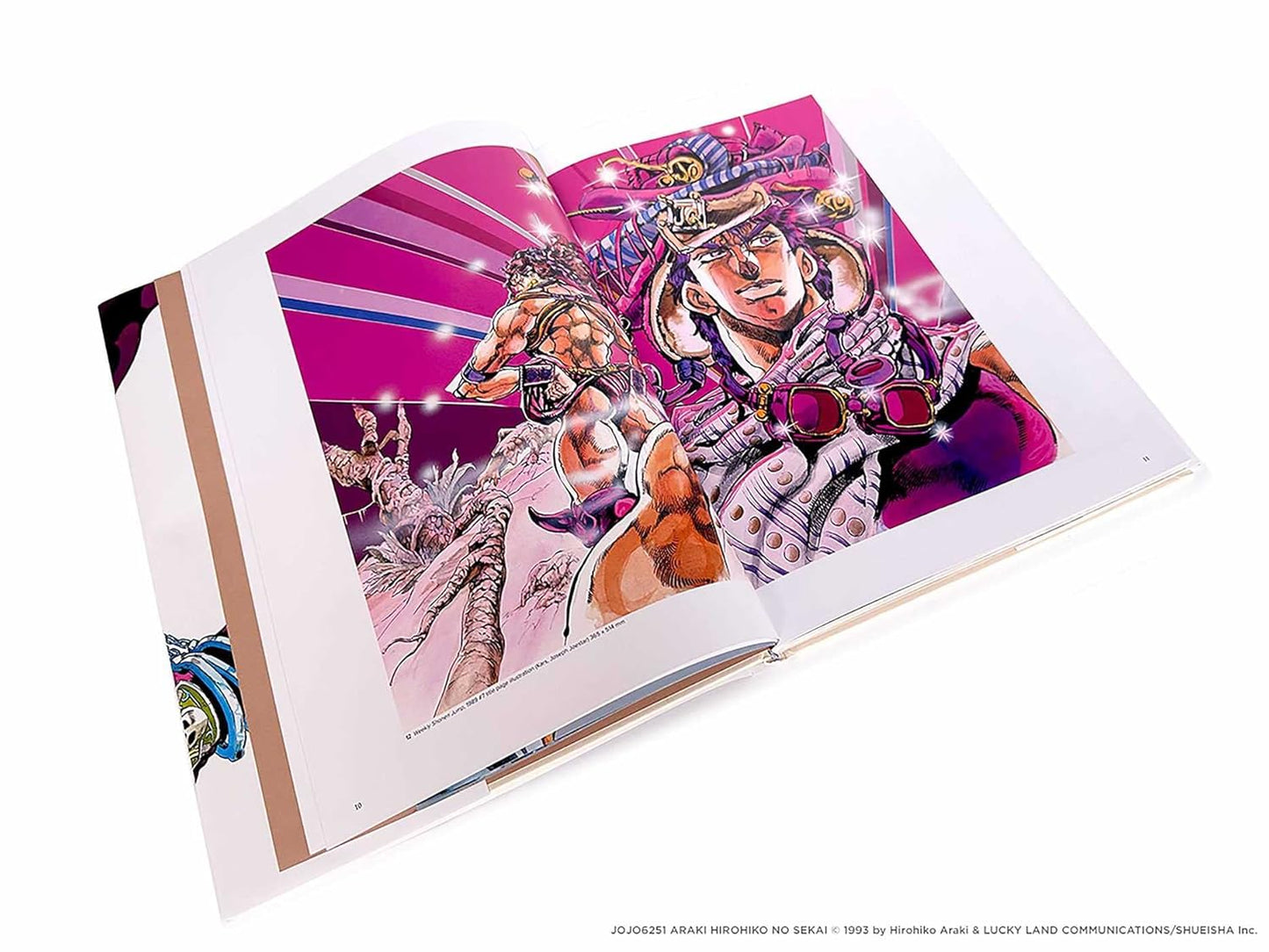 An open hardcover art book featuring a vibrant, highly detailed anime illustration on the pages. The illustration depicts characters in a dynamic, colorful scene with dominant pink and purple tones, set against a clean white background.