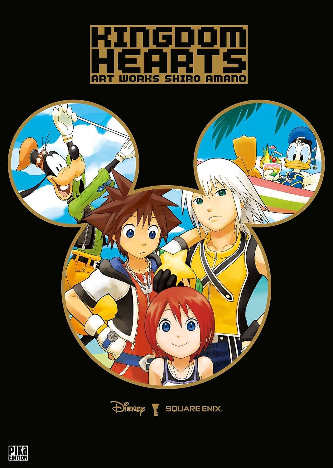 Kingdom Hearts Art Works: Art Works by Shiro Amano book cover, featuring Disney and Square Enix branding on a black background with character illustrations inside a Mickey Mouse-style outline.