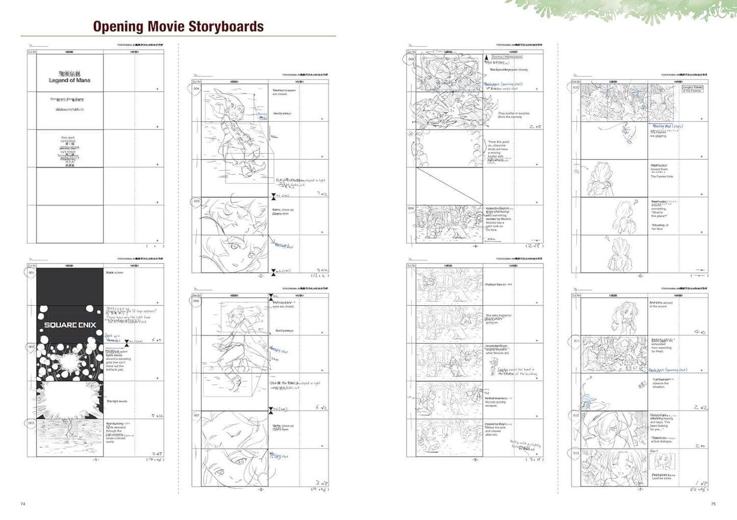 A printed storyboard sheet titled 'Opening Movie Storyboards' showing multiple black-and-white layout panels and sketches on a white page, with a small decorative green border at the top right.