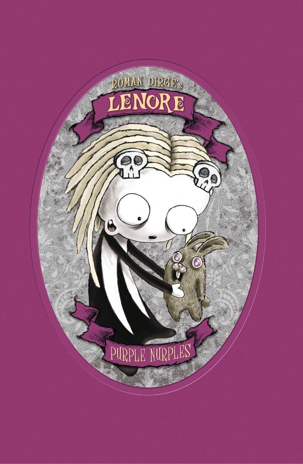 Cover of 'Lenore: Purple Nurples' featuring a black and white illustration of a character with a rabbit, against a purple background.