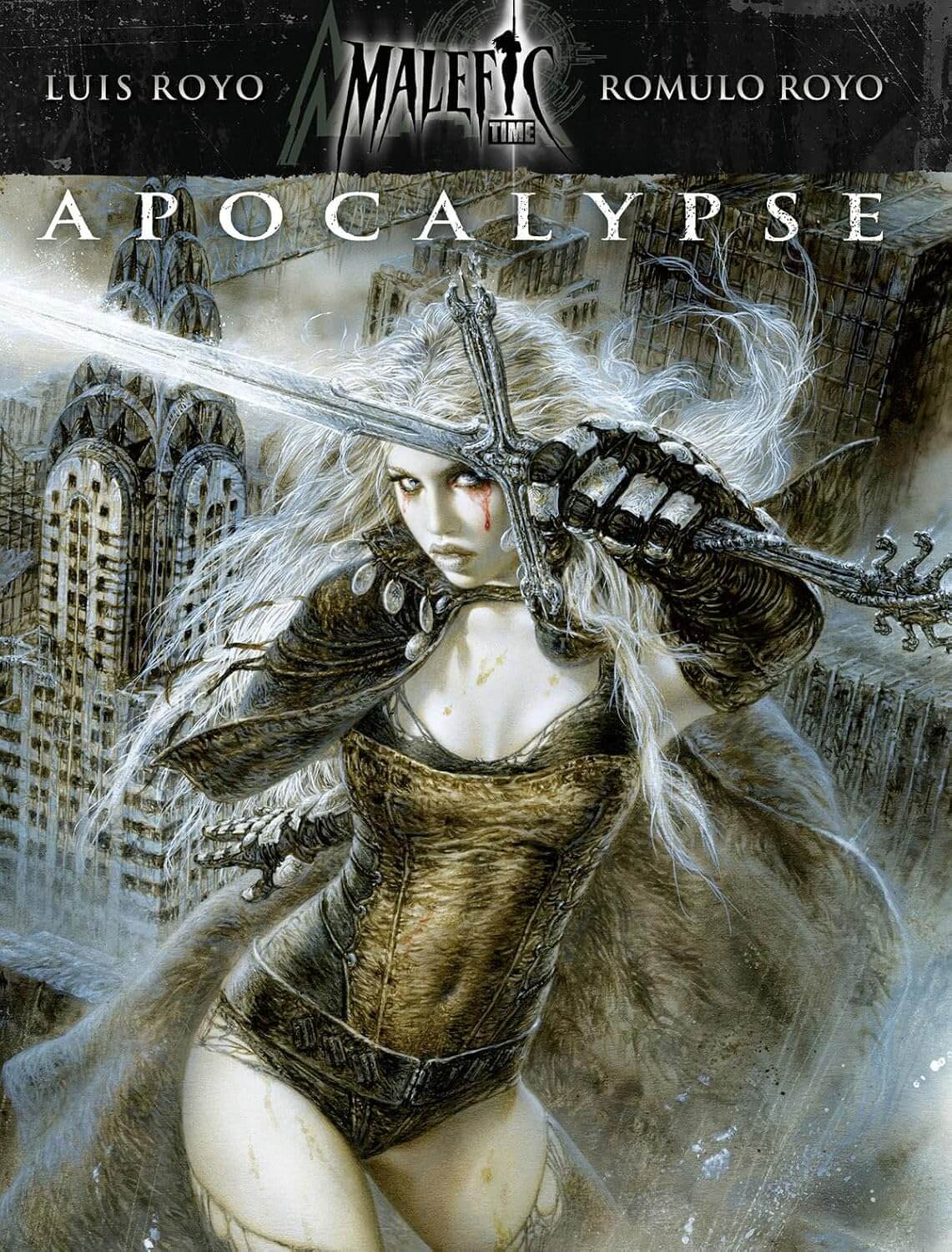 Cover art for 'Malefic Time Apocalypse HC Vol 01' featuring a stylized illustration of a female character with a sword, set against a dark, urban background.