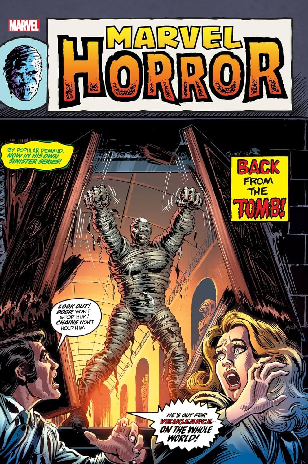 Marvel Horror comic book cover featuring a mummy rising from a tomb with arms raised, with the title 'Marvel Horror' at the top and a Marvel logo in the upper left corner.