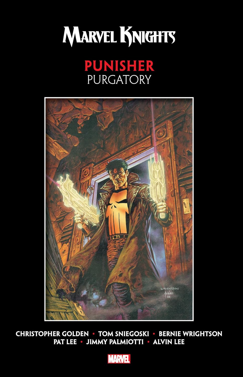 Marvel Knights Punisher Purgatory comic book cover, featuring a black background with the title in white and red text above an illustration of the Punisher standing in a fiery doorway.